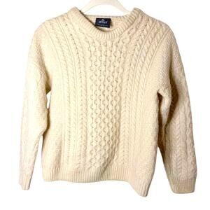 Aran Woollen Mills Ecru Merino Wool Traditional Irish Jumper Cable Sweater sz XS